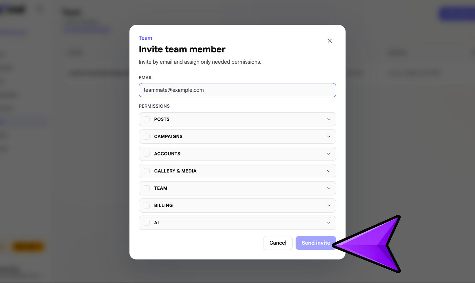 Team permissions screenshot